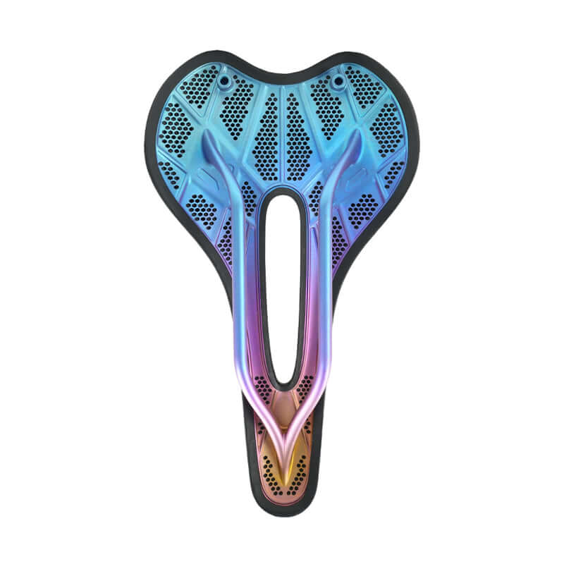TR8 Titanium 3D-Printed Bike Saddle featuring a colorful, ergonomic design for superior comfort and performance.